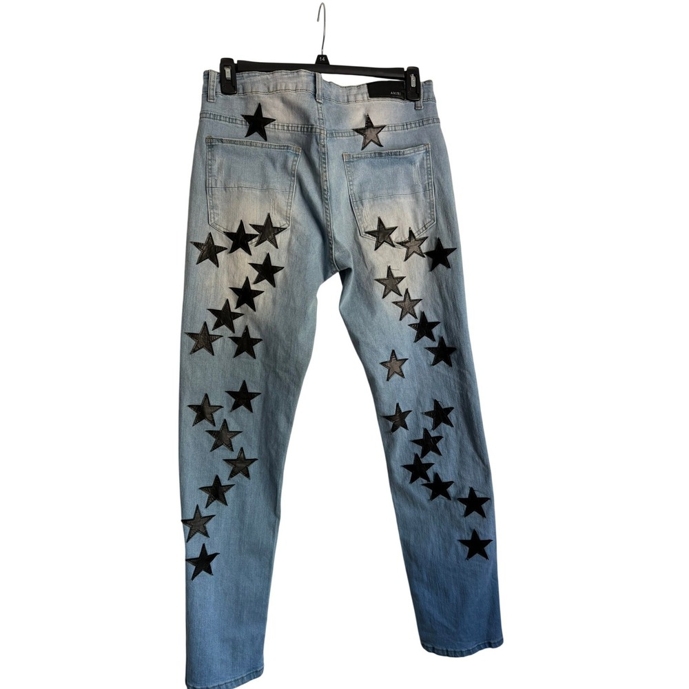 Light Wash Denim Star Patch Jeans Slim Fit Light Blue Black Stars 31x31
